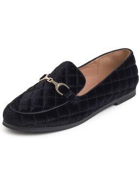 Women's Black Velvet Quilted Loafers Gold Bit Hardware Slip On Flat Shoes